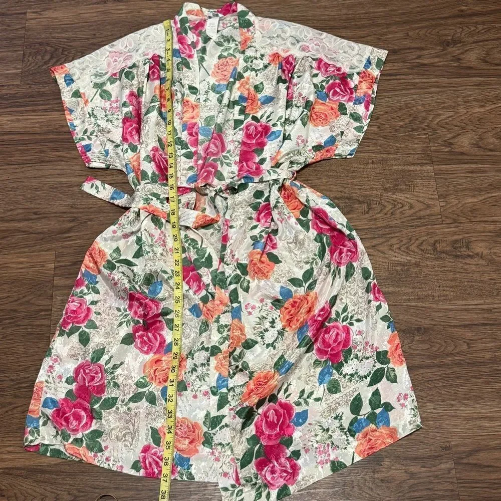 Vintage Cinema Etoile Floral Lace Kimono Robe Matching Sash Pink White Green Med